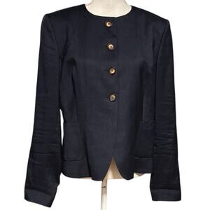 Pauw Amsterdam Size 4 US 12 Wool Linen Collarless Blazer Jacket Navy Blue